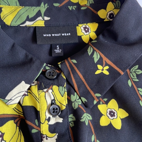 Who What Wear Black Yellow Floral Long Sleeve Button Down Ruffle Cuff Top - Picture 4 of 8